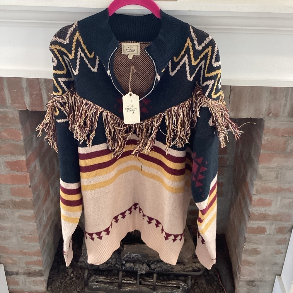 Nwt BKE Sterling & Stitch Fringe Quarter Zip Boho Hippie Vibe Sweater Size Large